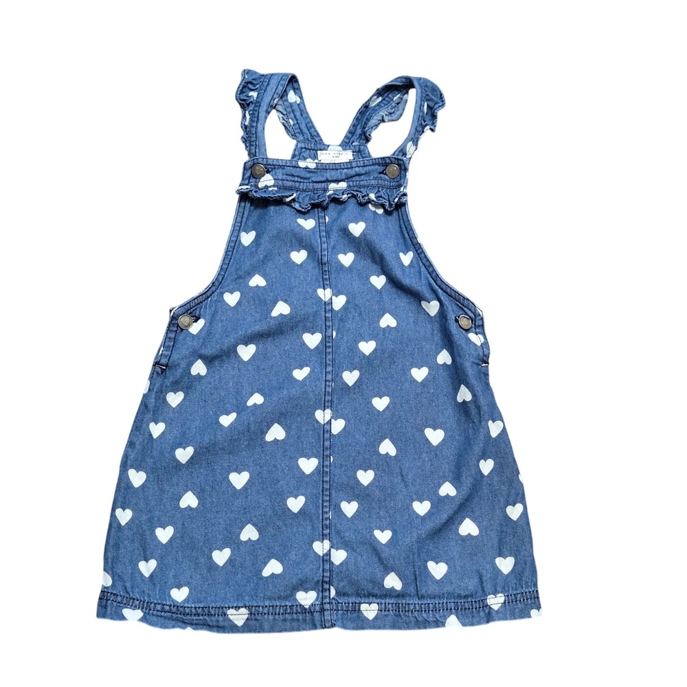 Max Studio Kids Blue Denim Heart Print Ruffle Pinafore Overall Dress Size 6